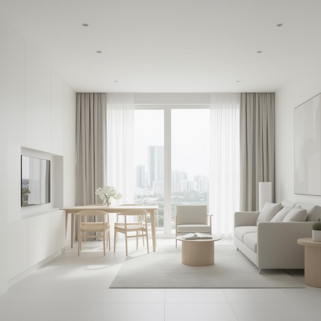 Modern white minimalist vacation home managed by Montaire in Makati with fully furnished living area and pool access