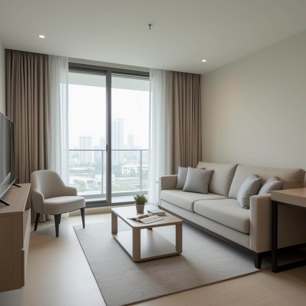 Modern white minimalist serviced residence managed by Montaire in Makati with dedicated workspace and fully equipped kitchen