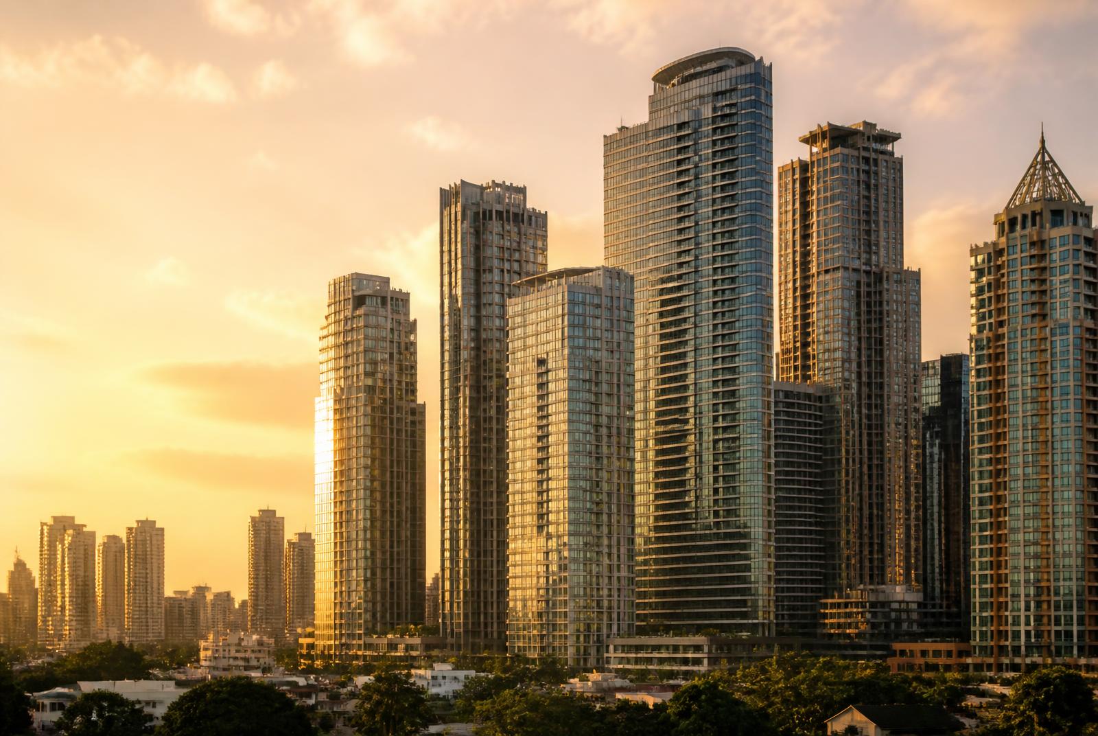 Makati City skyline at golden hour with modern condominium towers where Montaire manages vacation rentals and serviced residences
