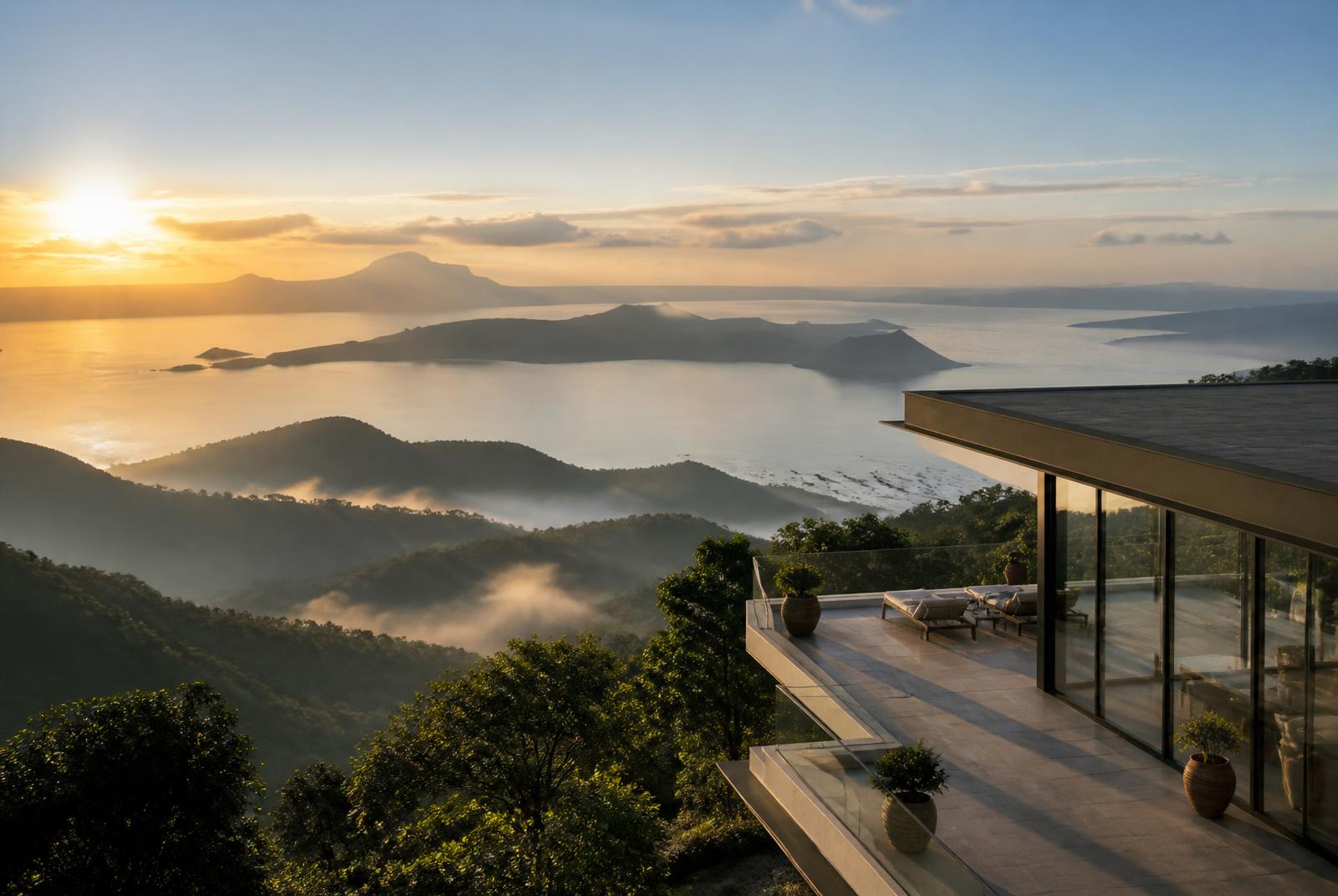 Montaire Tagaytay vacation rental terrace overlooking Taal Lake and misty mountain ridges at sunrise